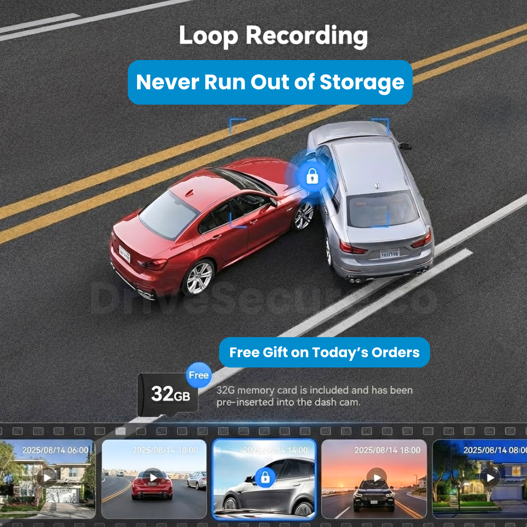 DriveSecure 1080P HD 3 Channel Dash Cam Front, Cabin, and Rear