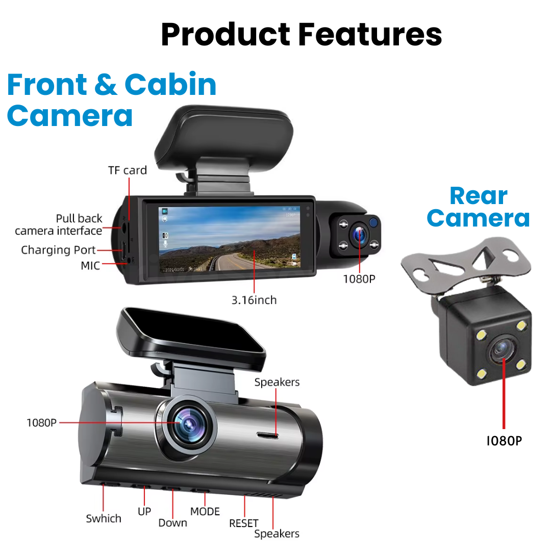 DriveSecure 1080P HD 3 Channel Dash Cam Front, Cabin, and Rear