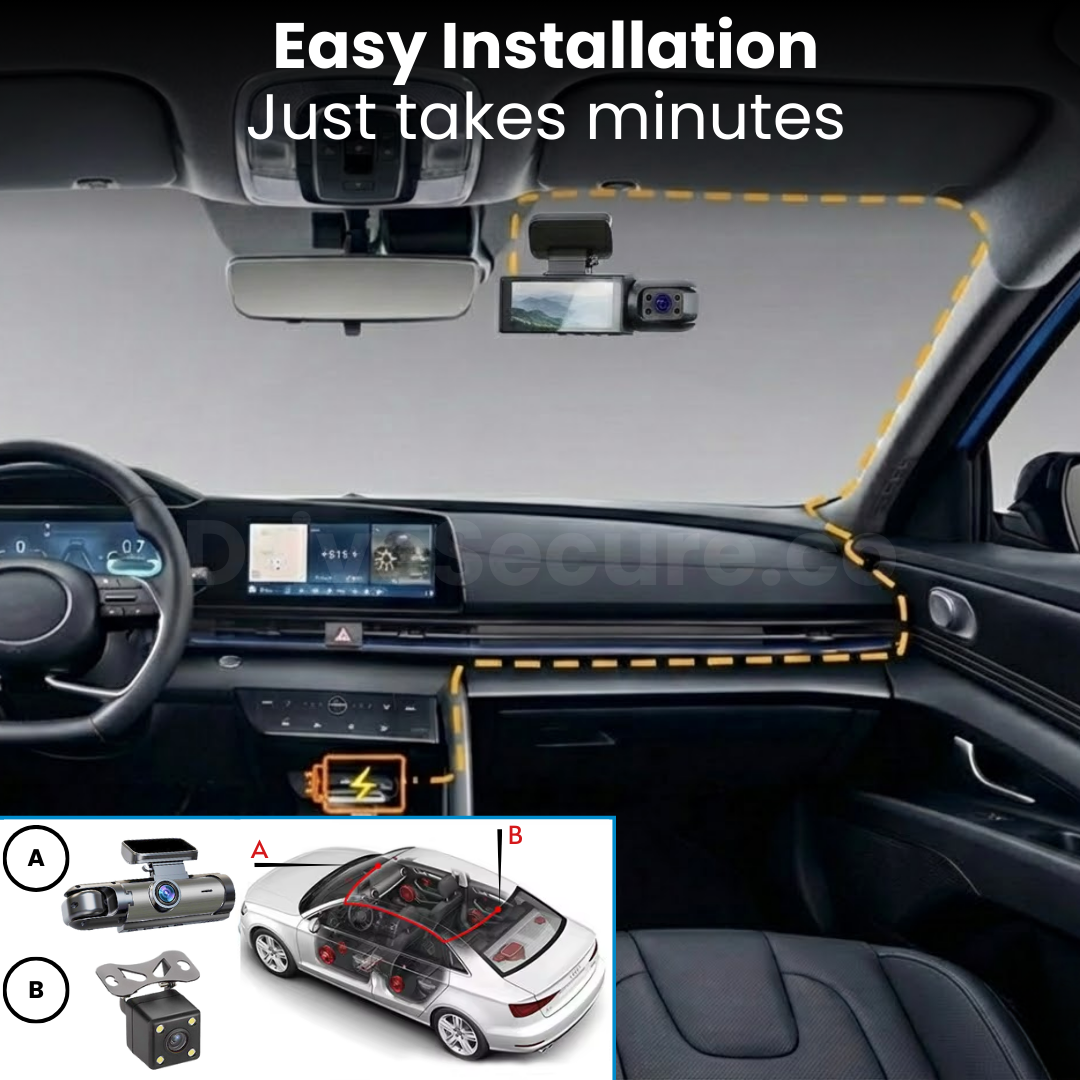 DriveSecure 1080P HD 3 Channel Dash Cam Front, Cabin, and Rear