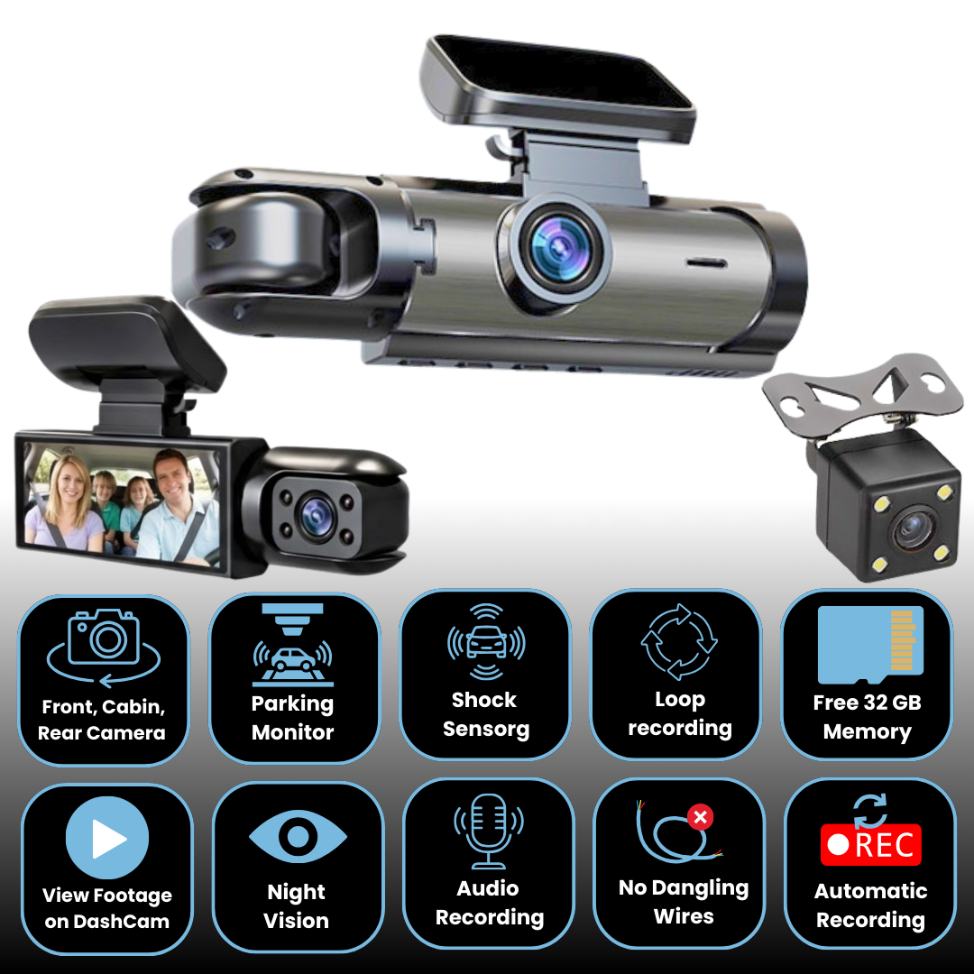 DriveSecure 1080P HD 3 Channel Dash Cam Front, Cabin, and Rear