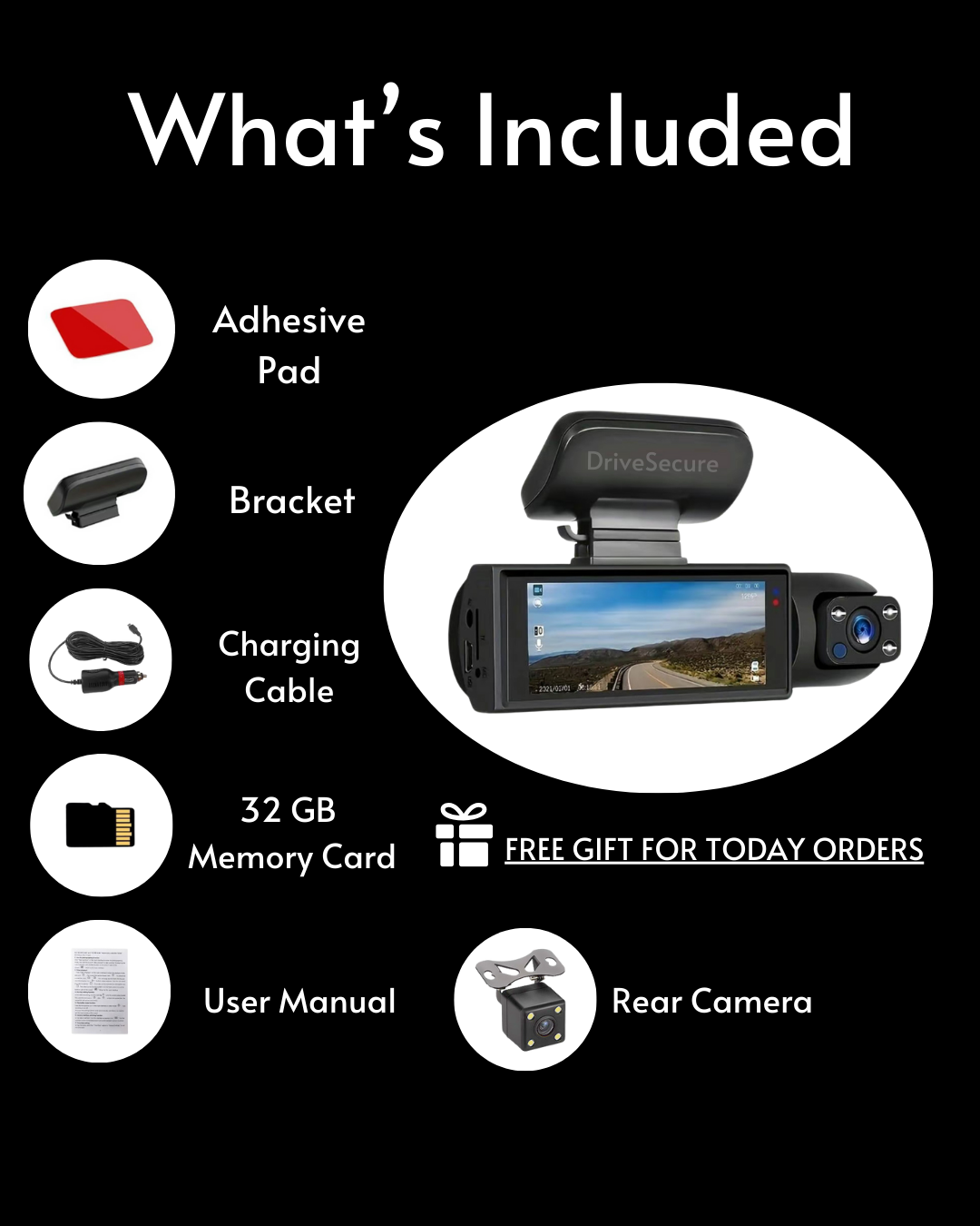 DriveSecure 1080P HD 3 Channel Dash Cam Front, Cabin, and Rear