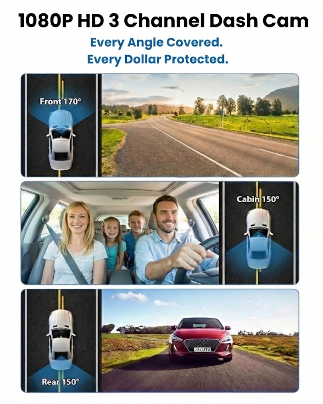 DriveSecure 1080P HD 3 Channel Dash Cam Front, Cabin, and Rear