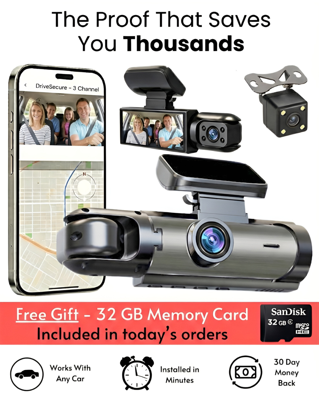 DriveSecure 1080P HD 3 Channel Dash Cam Front, Cabin, and Rear